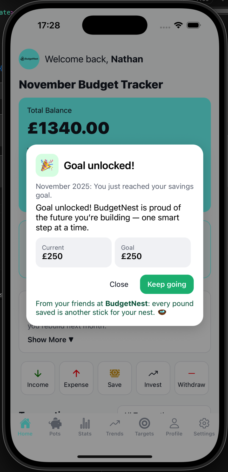 BudgetNest goal reached popup