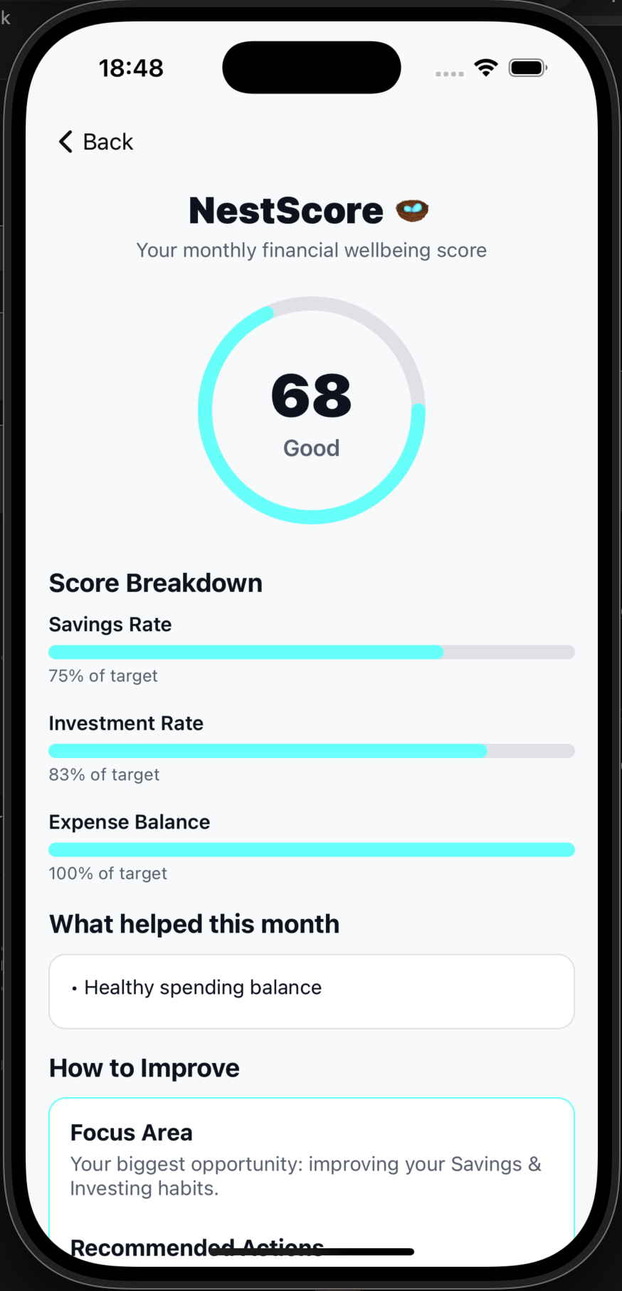 BudgetNest Nestscore screen