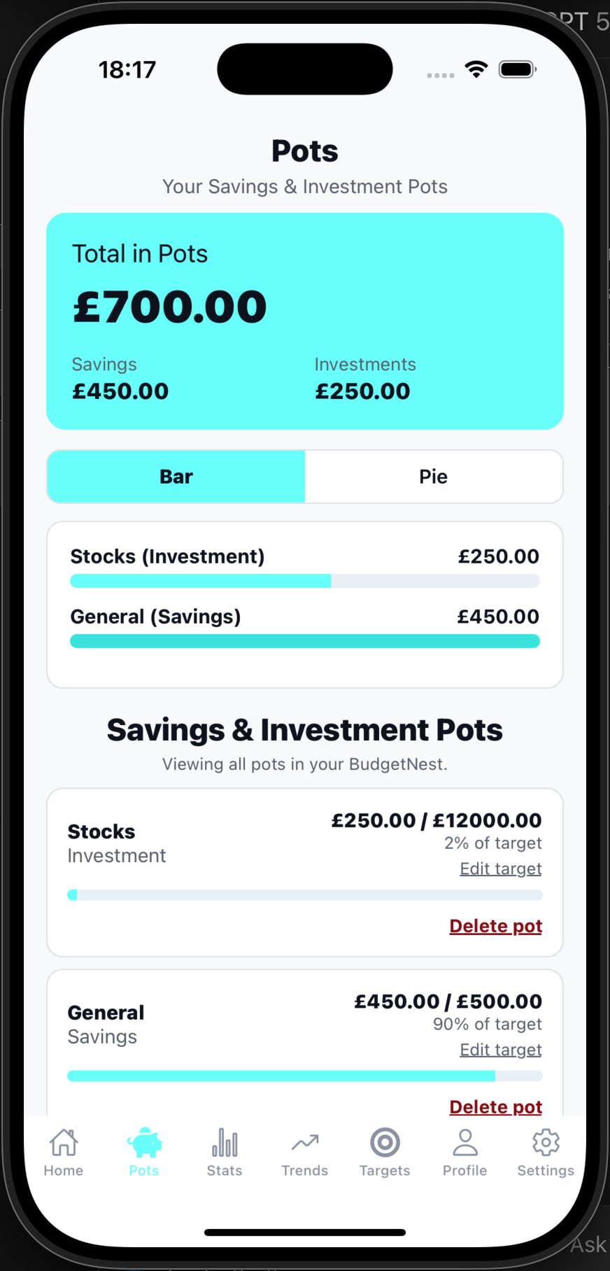 BudgetNest pots screen