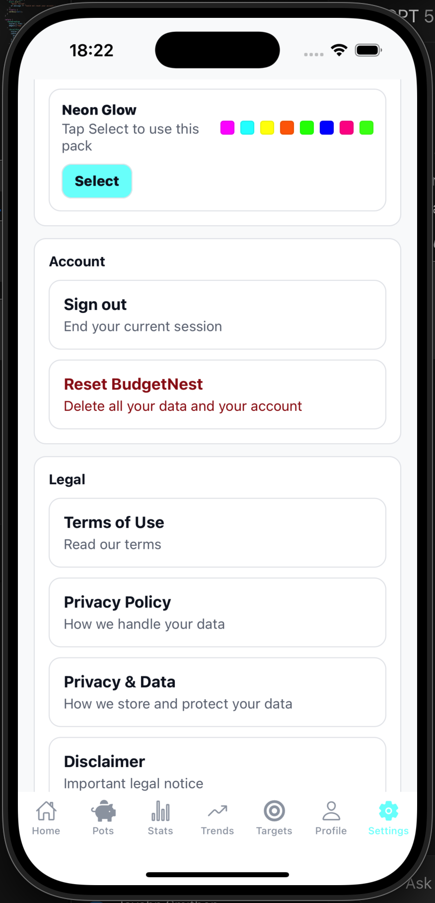 BudgetNest settings extra screen