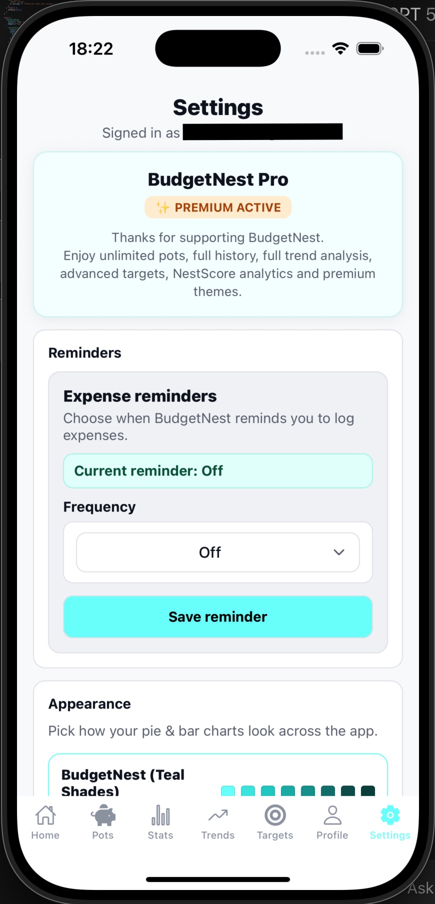 BudgetNest settings screen