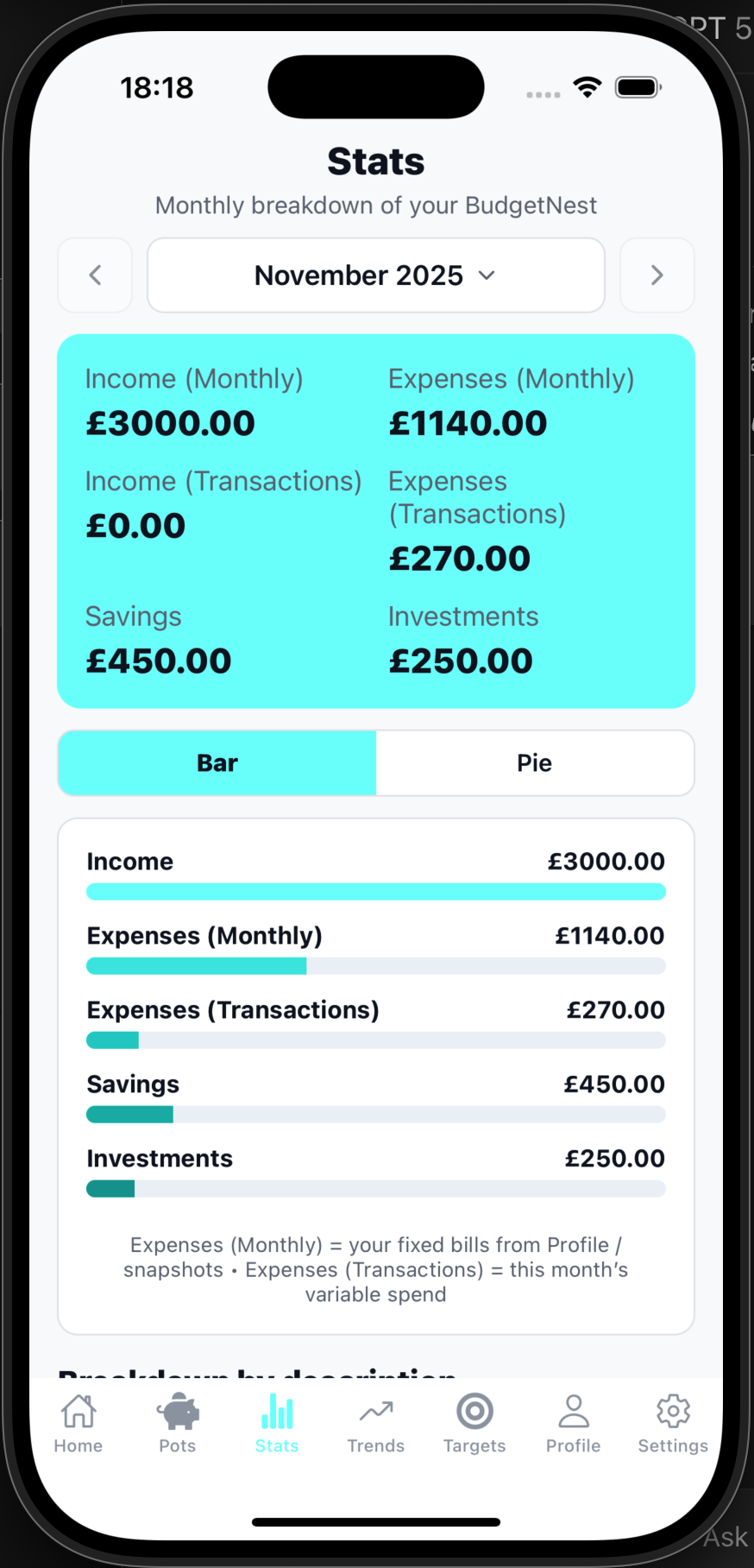 BudgetNest stats screen